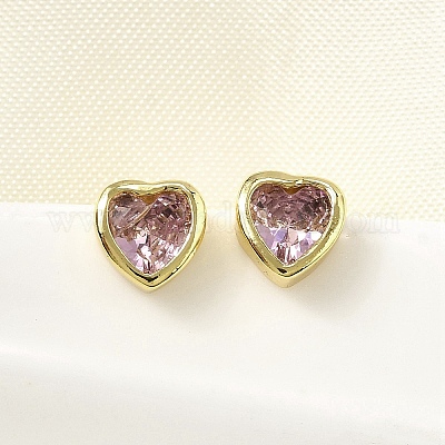 Серьги-гвоздики в форме сердца из латуни с кубическим цирконием EJEW-L261-030G-1