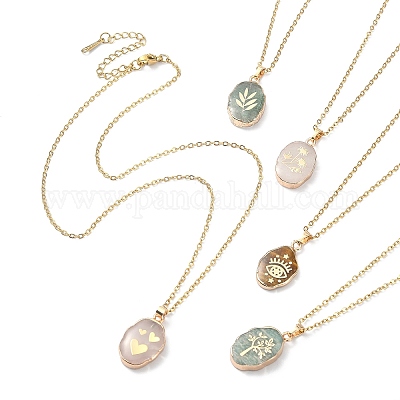 Ожерелья из натуральных драгоценных камней овальной формы с подвесками в виде листьев/глаз/дерева NJEW-JN04395-1