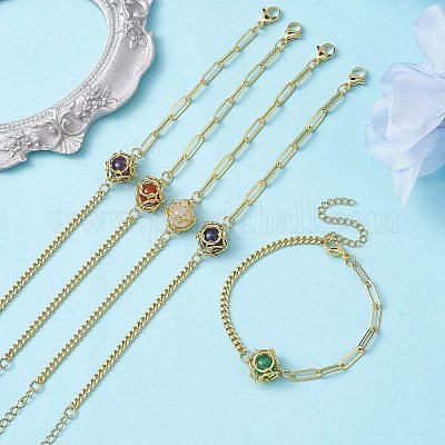 Браслет с круглыми звеньями из натурального драгоценного камня BJEW-JB10032-01-1