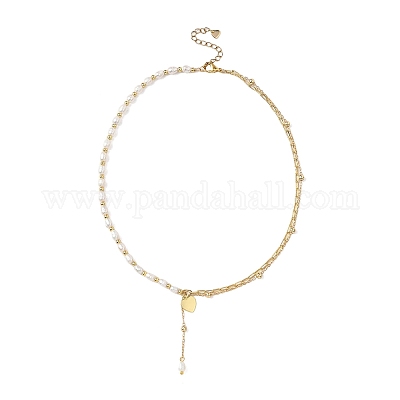 Двухслойные ожерелья из латунной цепочки с натуральным культивированным пресноводным жемчугом и бусинами из риса NJEW-JN05689-1