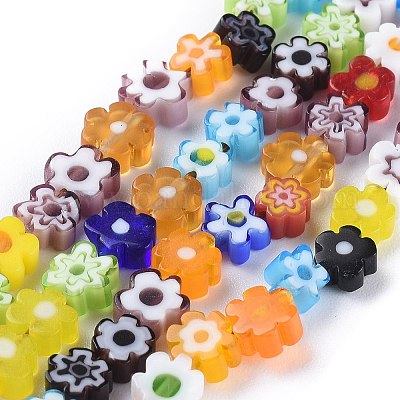 手作りミッレフィオーリガラスビーズ連売り 花 ミックスカラー 4~7.2x2 