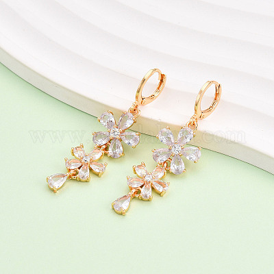 Серьги с застежкой-защелкой из латуни с прозрачным фианитом и прозрачным фианитом EJEW-N058-19A-G-1