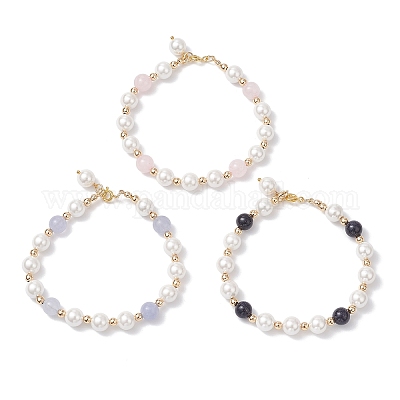 3 шт. 3 стильных браслета из круглых бусин из ракушечного жемчуга и натуральных и синтетических смешанных драгоценных камней для женщин BJEW-JB12502-1