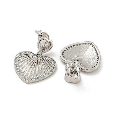 Серьги-гвоздики из латуни в форме сердца с прозрачным фианитом и паве EJEW-N054-41P-1