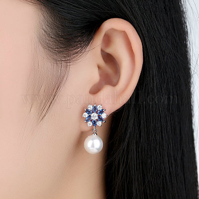 Платина никелированная цветок кубического циркония серьги стержня EJEW-FF0002-08A-1