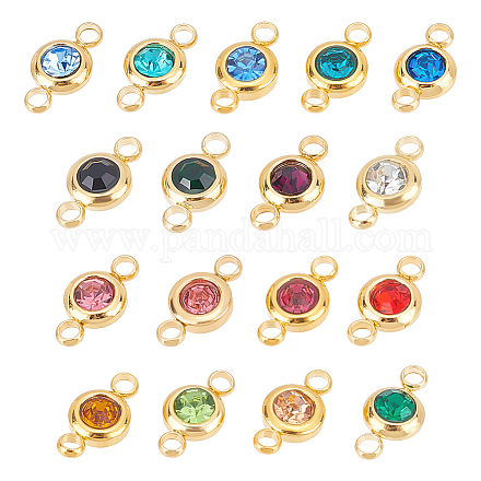 UNICRAFTALE 17pcs 17 Colors 2mm Hole 304 Stainless Steel Rhinestone Links Connectors Flat Round Birthstone Charm Golden Crystal Glass Links Charms Drop Dangle Pendant for Jewelry Earring Making STAS-UN0041-22-1