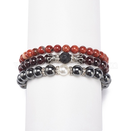 Set di braccialetti elastici con perline rotonde in pietra mista naturale e sintetica a 3 pezzo BJEW-JB08586-1