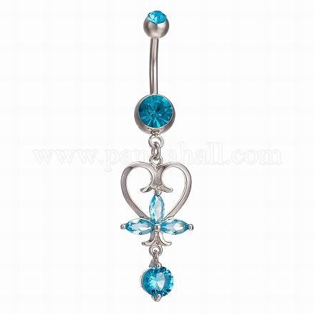 Piercing Jewelry Real Platinum Plated Brass Rhinestone Heart Navel Ring Belly Rings AJEW-EE0001-78B-1