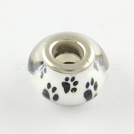 大きな穴の犬の足跡模様の樹脂ヨーロッパのビーズ  シルバーカラーメッキ真鍮二重コアを持つ  ロンデル  ホワイト  14x9~10mm  穴：5mm OPDL-Q129-229A-1