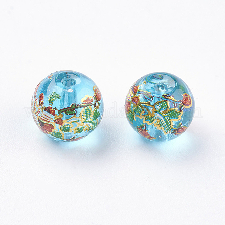 Flower Picture Printed Glass Beads GLAA-E399-8mm-02-1