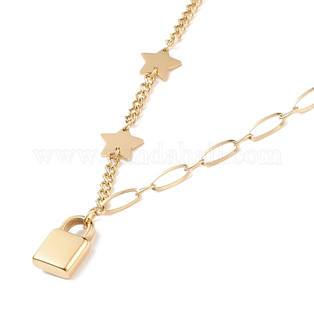 Ion Plating(IP) 304 Stainless Steel Padlock and Star Pendant Necklace for Women NJEW-D296-10G-1