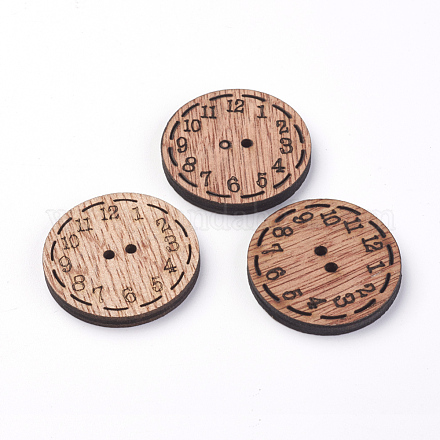 2 -hole木製裁縫ボタン  クロック付きフラットラウンド  シエナ  30x3.5mm  穴：1.5mm WOOD-S037-053-1