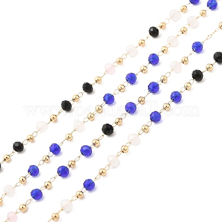 Faceted Rondelle Glass & Round 304 Stainless Steel Beaded Chains CHS-G026-01KCG-02-1