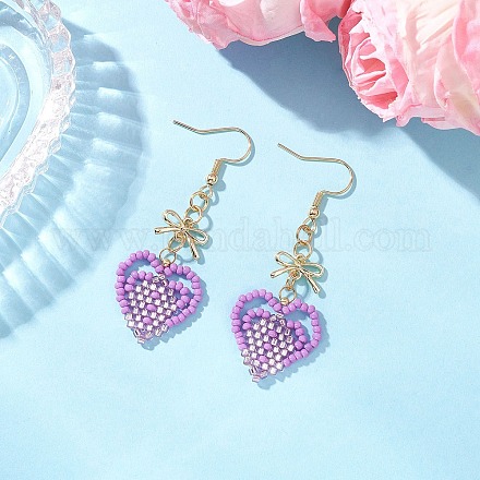 Серьги-сердечки из стеклянных бусин ручной работы EJEW-MZ00577-01-1