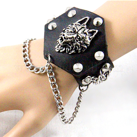 Punk Rock Style Cowhide Leather Wolf Head Bracelets BJEW-O088-14-1