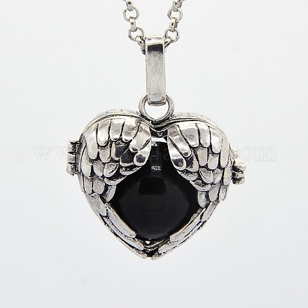 Antique Silver Brass Pregnancy Chime Ball Heart Cage Pendant Necklaces NJEW-F053-06AS-08-1