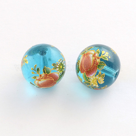 Flower Picture Transparent Glass Round Beads GFB-R004-14mm-K19-1