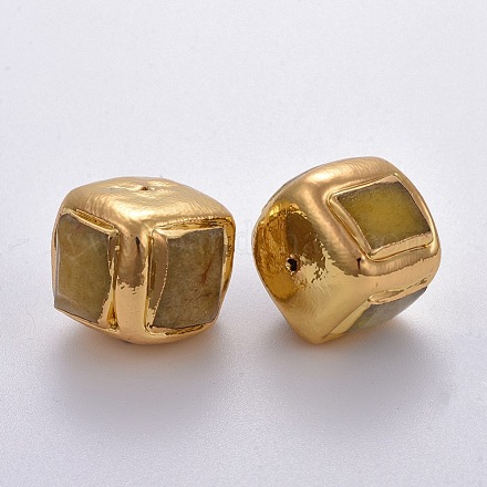 (休日在庫処分セール)天然水晶ビーズ  染め  真鍮で覆われた  黄金メッキ  キューブ  ダークカーキ  16~19x20~21x20~21mm  穴：1~1.2mm G-E540-07D-1