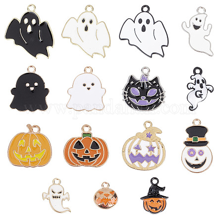 SUNNYCLUE 1 Box 30Pcs Halloween Charms Ghost Enamel Charm Jack-O-Lantern Charms Small Pumpkin Witch Hats Wizard Hat Charm Black Cat White Spooky Charms for Jewelry Making Charm DIY Craft Supplies ENAM-SC0003-42-1
