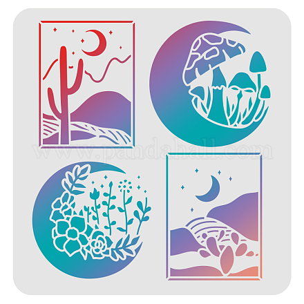 FINGERINSPIRE Moon Stencils Template 11.8x11.8inch Plastic Moon Mushroom Flower Drawing Painting Stencils Desert Pattern Reusable Stencils for Painting on Wood DIY-WH0172-395-1
