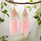 Rhombus Alloy Rhinestone Chandelier Earrings, with Feather, Golden, Pink, 120mm