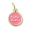 Real 18K Gold Plated Brass Enamel Charms, with Jump Ring, Long-Lasting Plated, Lead Free & Cadmium Free, Flat Round with Aquarius Charms, Pearl Pink, 10x8x1mm, Hole: 4mm