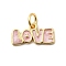 Brass Enamel Charms, Long-Lasting Plated, Lead Free & Cadmium Free, with Jump Ring, Word Love Charm, Real 18K Gold Plated, Rack Plating, Pink, 7.5x14x1.5mm, Hole: 3.5mm
