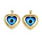 Eye Theme Brass Glass Pendants, Real 18K Gold Plated, Heart, 30x28.5x7mm, Hole: 5x4mm