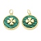 Rack Plating Synthetic Malachite Pendants, Brass Flat Round Charms with Clover, Cadmium Free & Lead Free, Real 18K Gold Plated, 17x14.5x4mm, Hole: 3.4mm