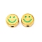 304 Stainless Steel Enamel Beads, Ion Plating(IP), Real 18K Gold Plated, Flat Round with Smiling Face, Spring Green, 9.5~10x5mm, Hole: 1.6mm