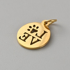犬の足跡型のステンレスペンダント  丸カン付き  ワード「love」を刻まれたフラットラウンド  ゴールドカラー  14x12x1mm  穴：3mm&nbsp;FIND-WH0817-067B-G