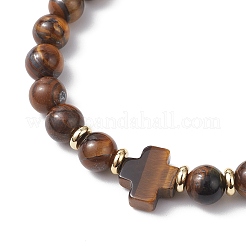 Браслеты из натурального тигрового глаза с круглыми бусинами для мужчин и женщин BJEW-JB12258-01