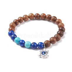 Bracelet extensible en perles rondes en bois de wengé naturel & lapis-lazuli & turquoise synthétique&nbsp;BJEW-JB08206
