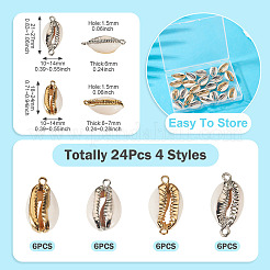 24 шт. 4 стиля гальванизированных соединителей из ракушек каури для подвесок и кулонов&nbsp;SHEL-TA0001-25