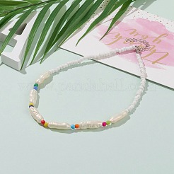 ナゲットABSプラスチックイミテーションパールビーズネックレス  ガラスシードビーズとプラチナメッキ合金カニカン付き  ホワイト  14.56インチ（37cm）&nbsp;NJEW-JN03290-01