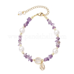 Браслеты с бусинами из натурального аметиста и кварцевого кристалла BJEW-JB11917-01