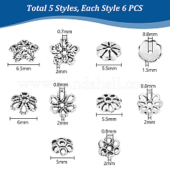 30個、5つのスタイル、925つのスターリングシルバーチベットスタイルビーズキャップ  花  アンティークシルバー  5~6.5x1.5~2mm  穴：0.7~0.8mm  6個/スタイル&nbsp;STER-PH0001-75