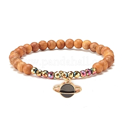 2 pièces 2 bracelets extensibles en obsidienne naturelle et hématite synthétique et bois avec breloque planète&nbsp;BJEW-JB07616