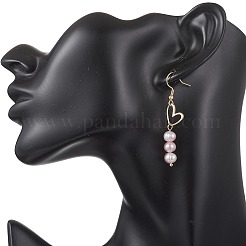 Латунные серьги-подвески в форме сердца с жемчужными бусинами&nbsp;EJEW-JE06901