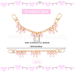 2 pendentif en alliage émaillé rose en forme de cœur avec nœud papillon et chaîne décorative en aluminium pour sac&nbsp;HJEW-BBC0001-39