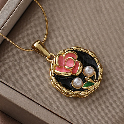Женские ожерелья с подвеской в виде цветка из хирургической нержавеющей стали 316 с эмалью и имитацией жемчуга&nbsp;JA3265