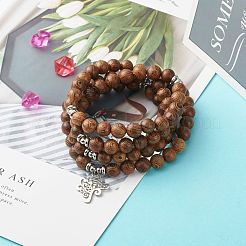男性女性のための天然ウェンジウッドビーズストレッチブレスレット  生命の木 304 ステンレススチールペンダント 4層ラップブレスレット  30-1/4インチ（77cm）&nbsp;BJEW-JB06909