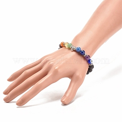 Bracelet extensible en pierre de lave naturelle et mélange de pierres et de tubes en alliage avec mauvais œil au chalumeau&nbsp;BJEW-JB08320-01