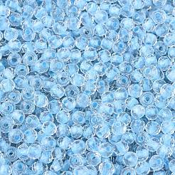 FGBグレードA透明ガラスシードビーズ  ロンデル  暗闇で光る  中央染め  多面カット  ライトスカイブルー  4x3mm  穴：1.2~1.6mm  約6081個/ポンド&nbsp;SEED-Q040-03A-01