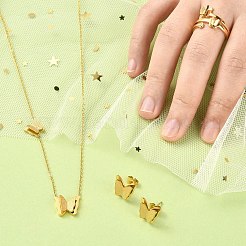 304ステンレススチールのバタフライスタッドピアス＆指輪＆ペンダントネックレス  女性のためのジュエリーセット  ゴールドカラー  10x12x3.5mm  ピン：0.8mm  usサイズ7 1/4(17.5mm)  16.26インチ（41.3cm）&nbsp;SJEW-TZ0001-02