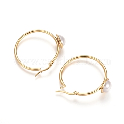 304ステンレススチールフープピアス  アクリル模造パール付き  リング  ゴールドカラー  37x40.5x2~12mm  ピン：1x0.6mm&nbsp;STAS-D171-13G