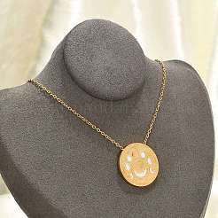 Ожерелья с плоским круглым кулоном из нержавеющей стали 304 с прозрачным кубическим цирконием и фазами Луны NJEW-R018-03G