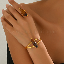 Ensemble bracelet manchette et bague style bohème en agate œil-de-cheval naturelle et métal&nbsp;ZI1822-1