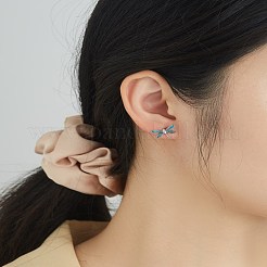 ロジウムメッキ 925 スターリングシルバー スタッド イヤリング  エポキシとキュービックジルコニア  トンボ  ターコイズ  プラチナ  10x15mm&nbsp;EJEW-BB70397
