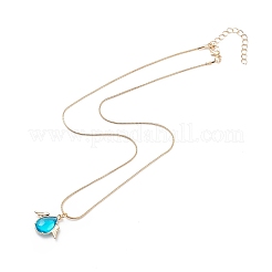 Collana pendente a forma di goccia di vetro con ciondolo ala con catene a serpente rotonde in ottone dorato da donna&nbsp;NJEW-JN04124